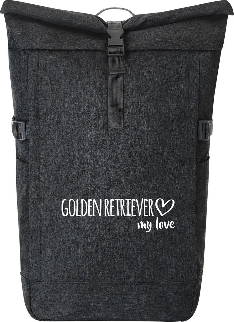 Huuraa Kurierrucksack Golden Retriever my love 30-44 Liter Black Melange Fairtrade Rolltop Rucksack Geschenkidee