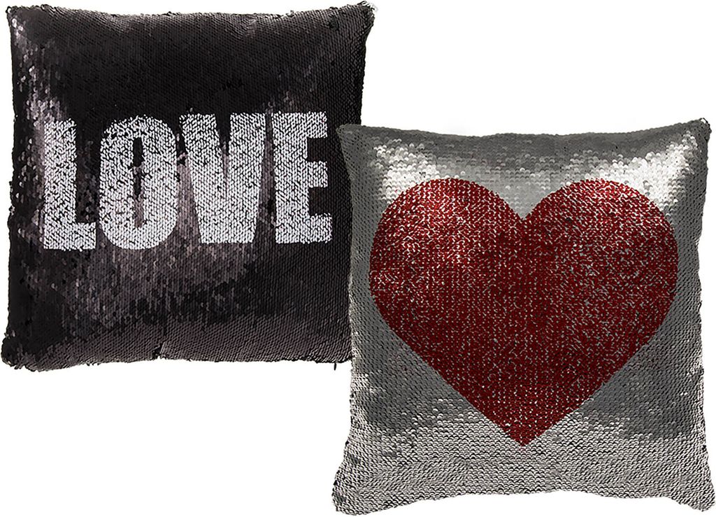 Pailletten-Kissen Farb- u. Motivwechsel Herz Love Wendepailletten Dekokissen incl. Füllung 40x40 cm