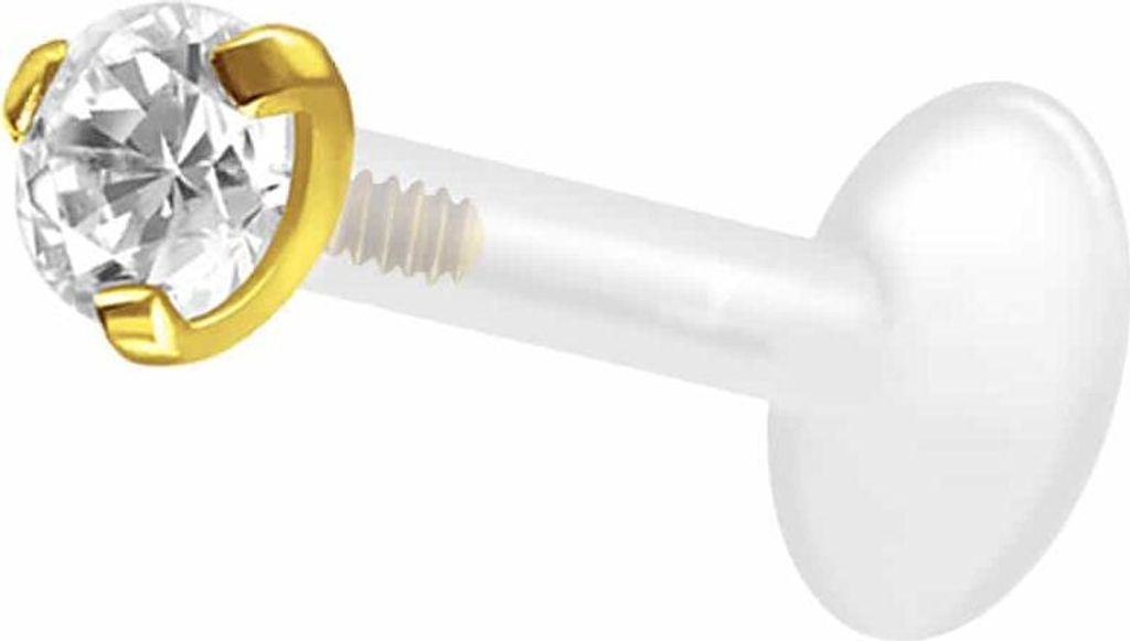 Ohrpiercing, Nasenpiercing PTFE Labret mit Innengewinde + Titan-Aufsatz EINGEFASSTER KRISTALL Gold Stablänge: 5mm | Stabstärke: 1,2mm | Kristallg...