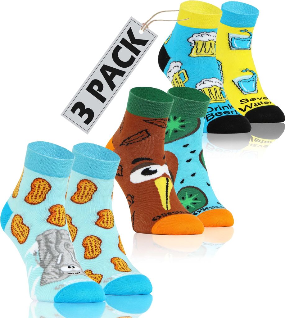 sesto senso 3 Paar Lustige Kurze Socken Bunte Verrückt Baumwolle Süße Sneakersocken Gemusterte Bier Wasser Kiwi Elefant Erdnüsse 35-38 SNACKS