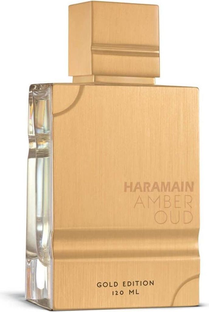 A close-up studio shot of a gold-colored perfume bottle.
