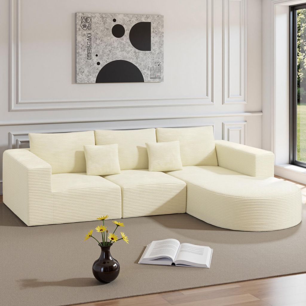 Hawthyhome Ecksofa Couch L-form 264x177cm Cloud-Sofa aus Cord mit zwei Kissen Montagefrei ideal für Wohn- und Schlafzimmer, rechts, beige