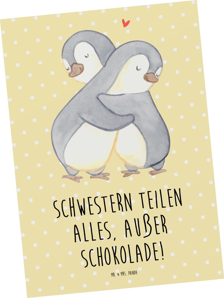 Mr. & Mrs. Panda Postkarte Schwestern Liebe - Gelb Pastell - Geschenk, Schokolade, Fotokarte, Grußkarte, Teilen, Familienleben, Geschwisterliebe, ...