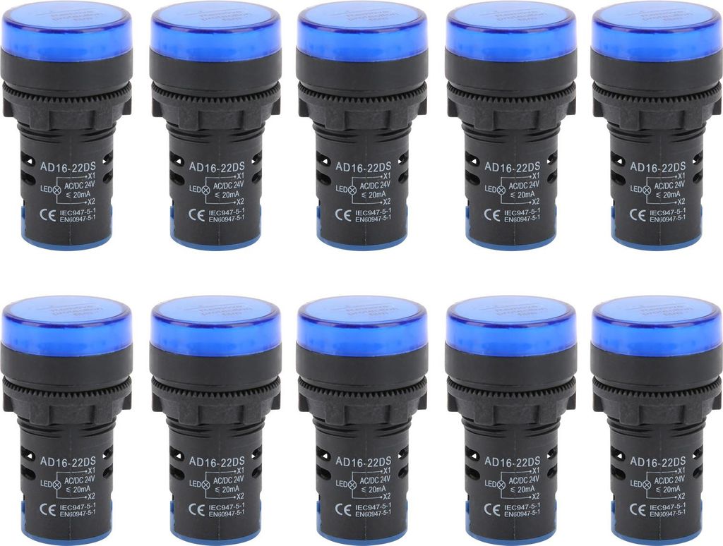 10er Set blaue LED Signalleuchte AD16-22DS, hohe Helligkeit, Anzeigeleuchte für Geräte, AC/DC 24V, 22mm Einbaudurchmesser