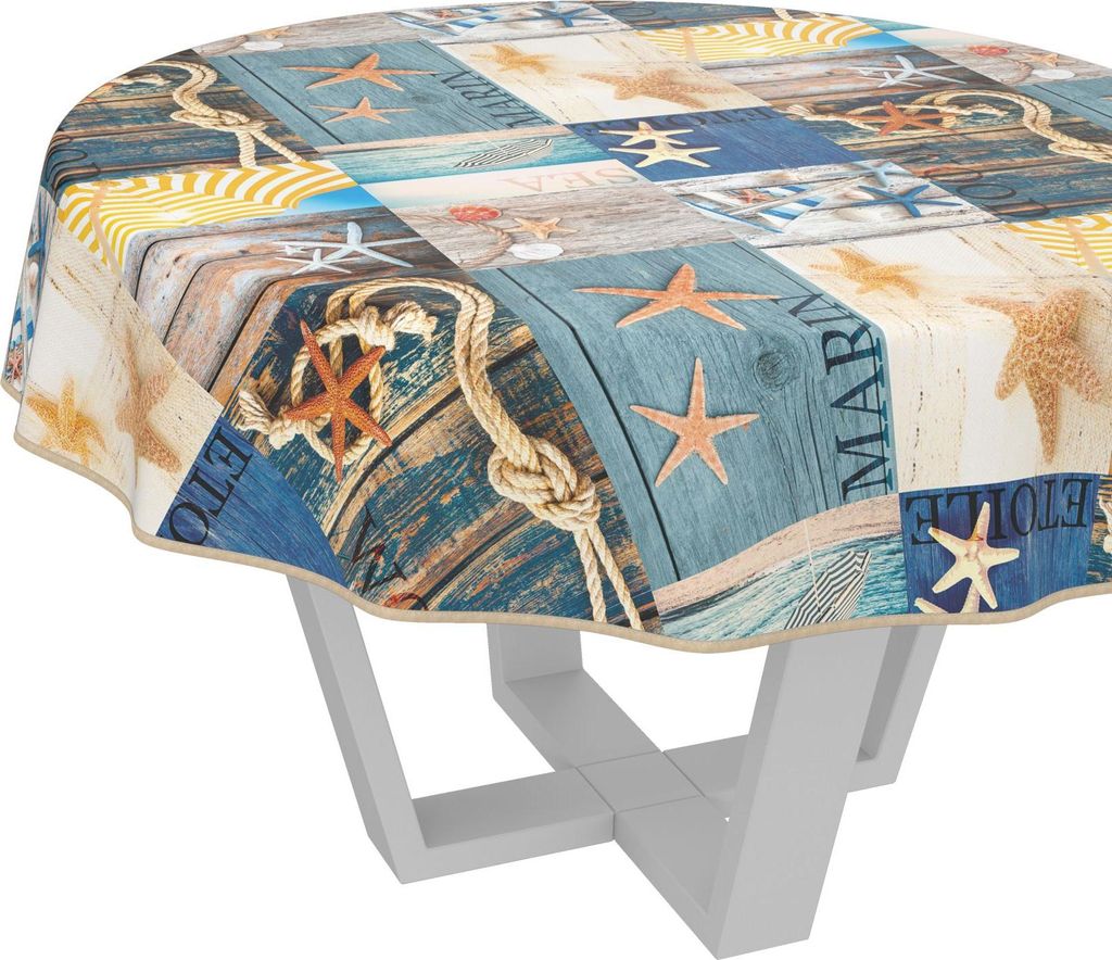 Tischdecke auf See Maritim Blau Rund 100cm mit Band-Kante Wachstuch abwaschbar