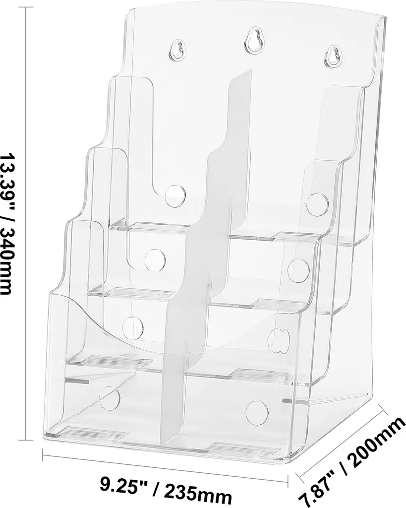 SucceBuy Supporto per opuscoli in acrilico da 8,5 x 11 pollici, espositore per letteratura trasparente a 4 livelli, organizzatore in plastica con divisorio rimovibile per ufficio, esposizione, montaggio su banco o a parete - 8