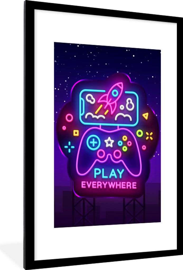 MuchoWow Gerahmtes Poster Gaming - Neon - Spielen - Blau - Nacht - Controller 60x90 cm - Poster mit Schwarzem Bilderrahmen Wandposter Rahmen Foto...