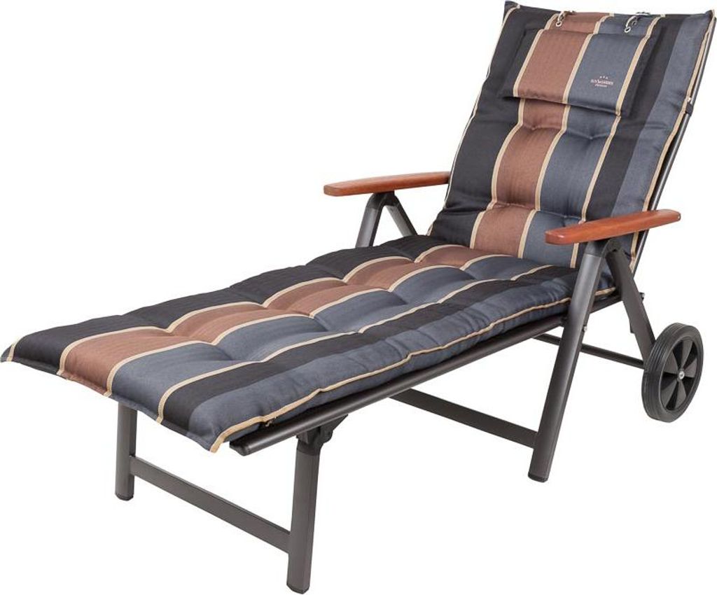 A striped chaise lounge chair with wooden armrests and wheels, shown against a white background.