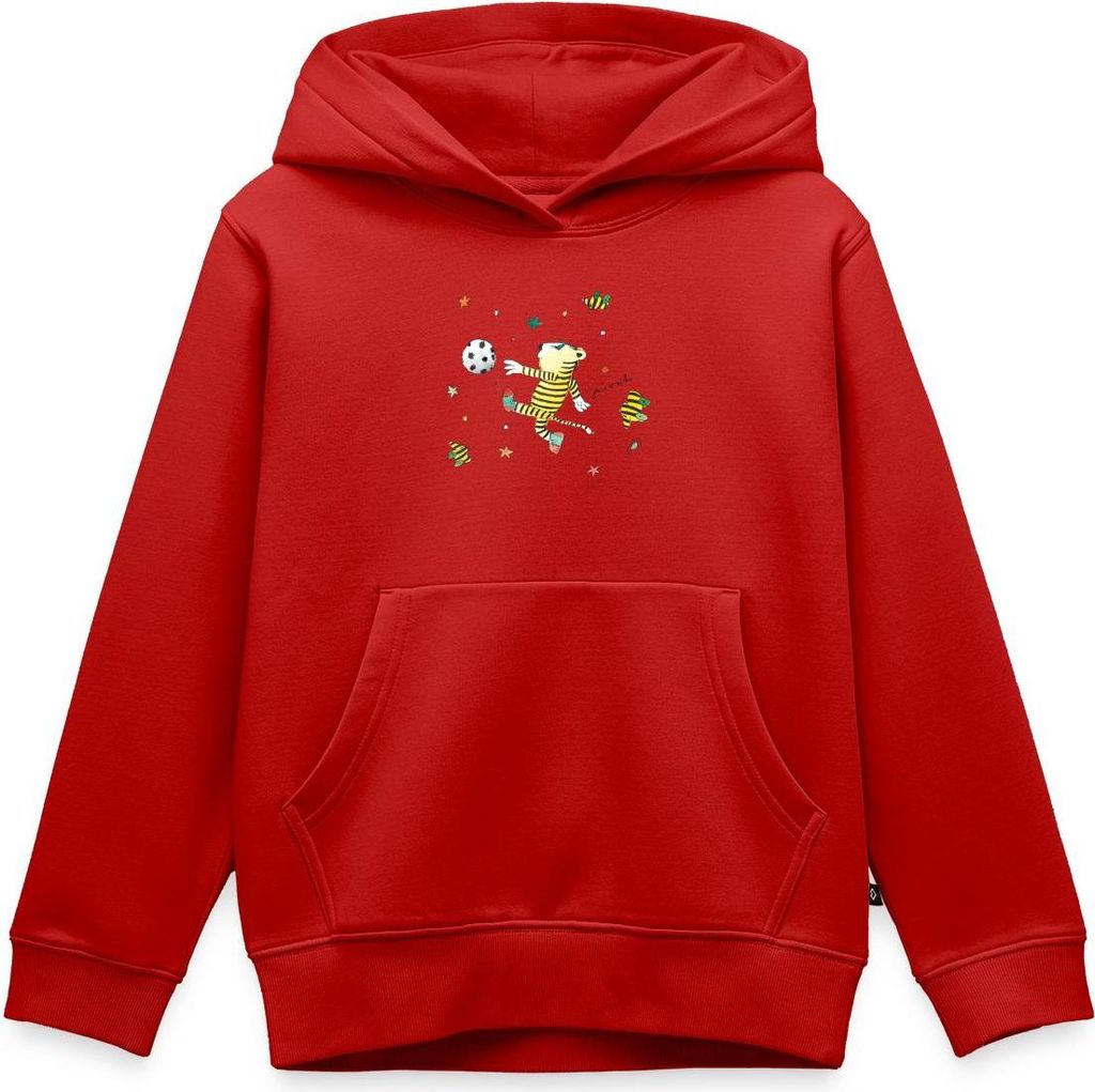 Spreadshirt Janosch Tiger Spielt Fußball Kinder Premium Hoodie, 110/116 (4 Jahre), Rot
