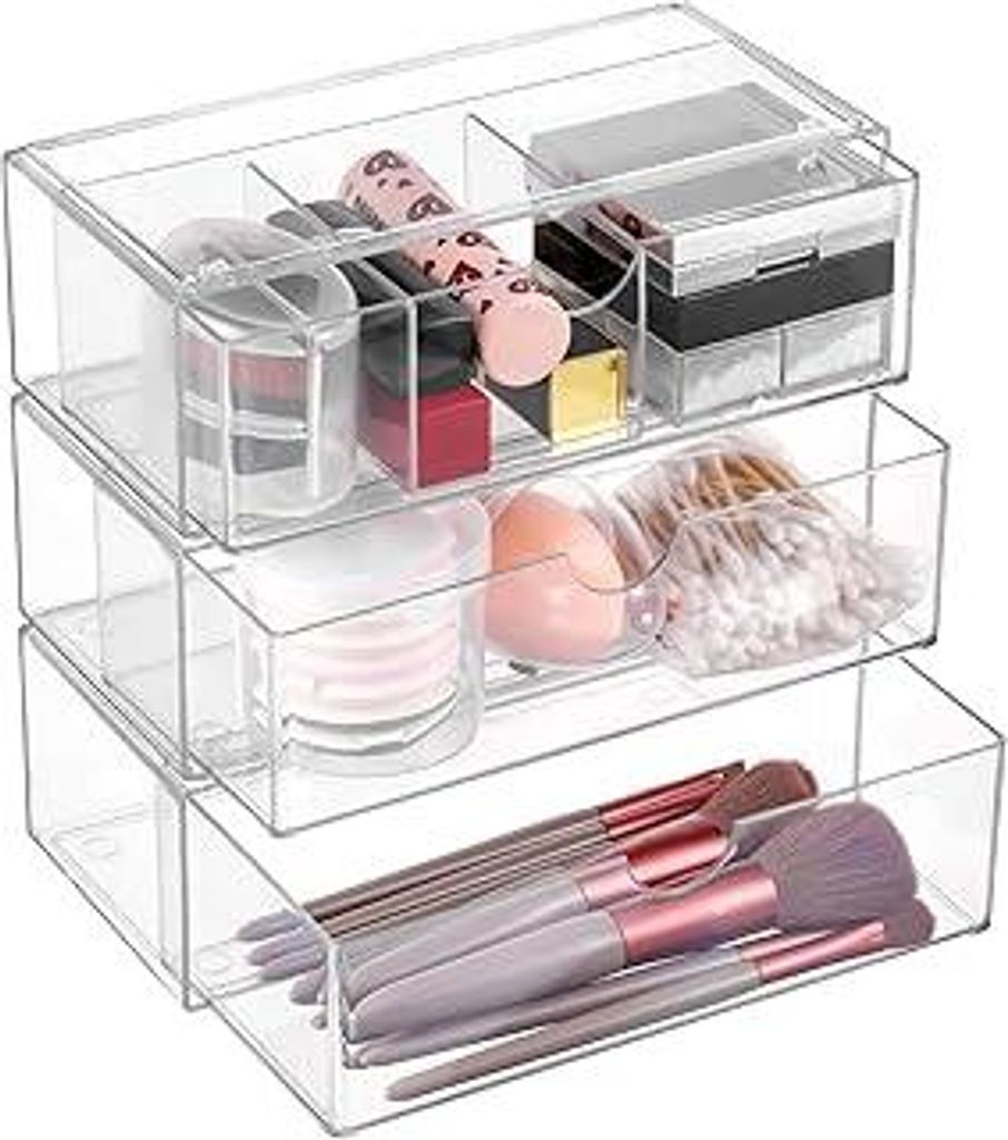 Hejo 3 Stück Acryl Kosmetik Organizer, Make up Organizer, Schminktisch Organizer, Schubladen Organizer Bad, Stapelbarer Schmink Organizer, Wattest...