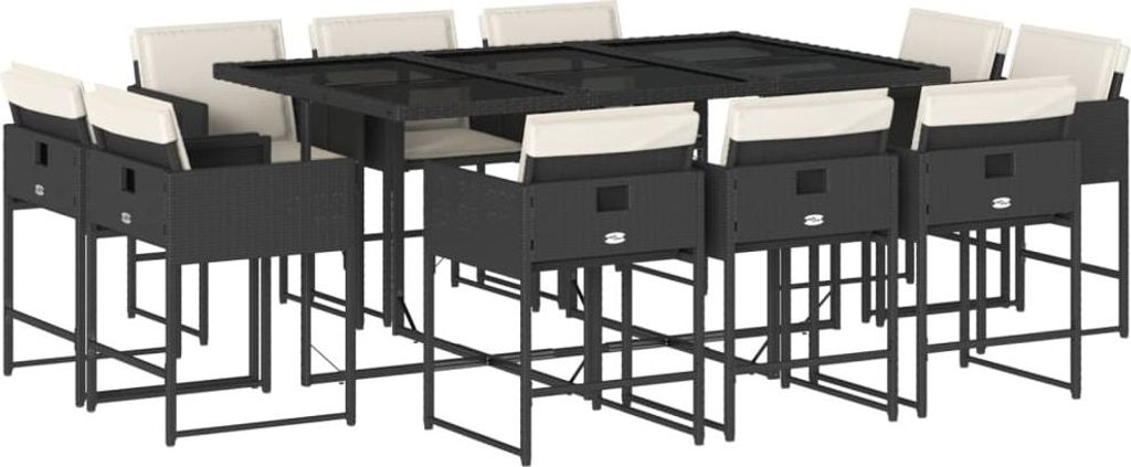 vidaXL 11-tlg. Garten-Essgruppe mit Kissen Schwarz Poly Rattan