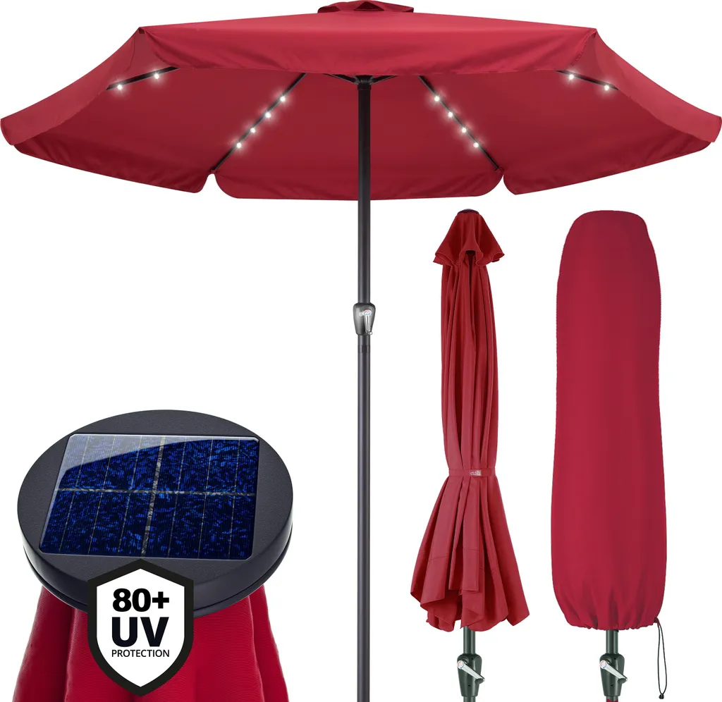 KINGSLEEVE Parasol Déporté LED Solaire 330cm Rouge en Aluminium UV 80+
