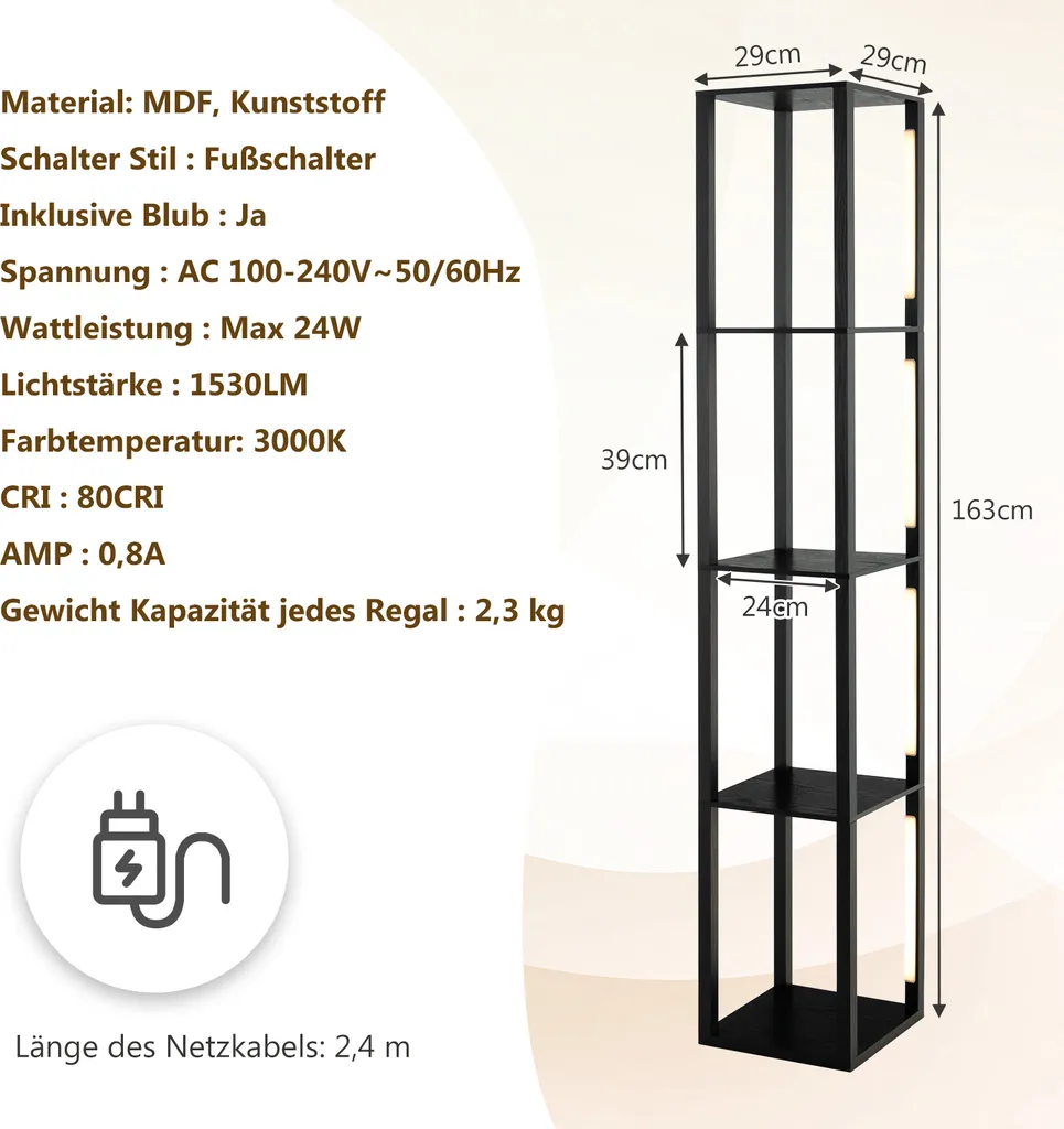 COSTWAY Lampadaire Étagère 163 cm avec LED Dimmable et Étagères Noires