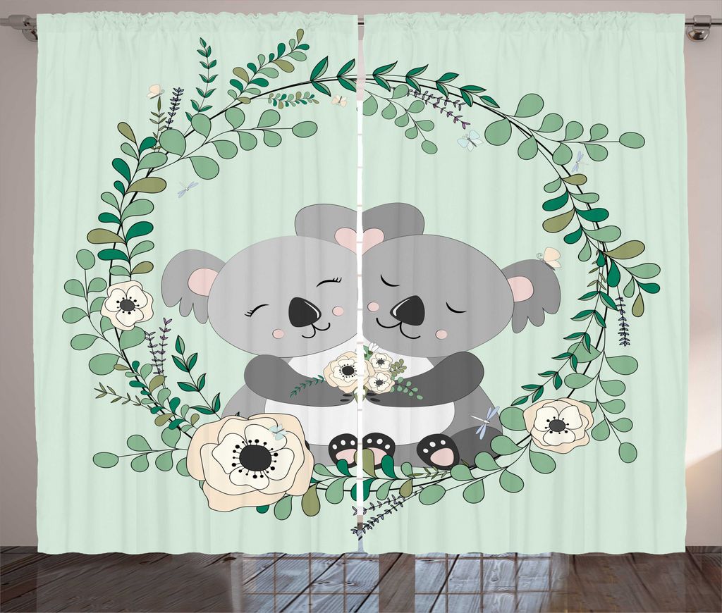 ABAKUHAUS Koala Rustikaler Vorhang, Blumenkranz um Koalas, Wohnzimmer Universalband Gardinen mit Schlaufen und Haken, 280 x 225 cm, Mint Green Mult...
