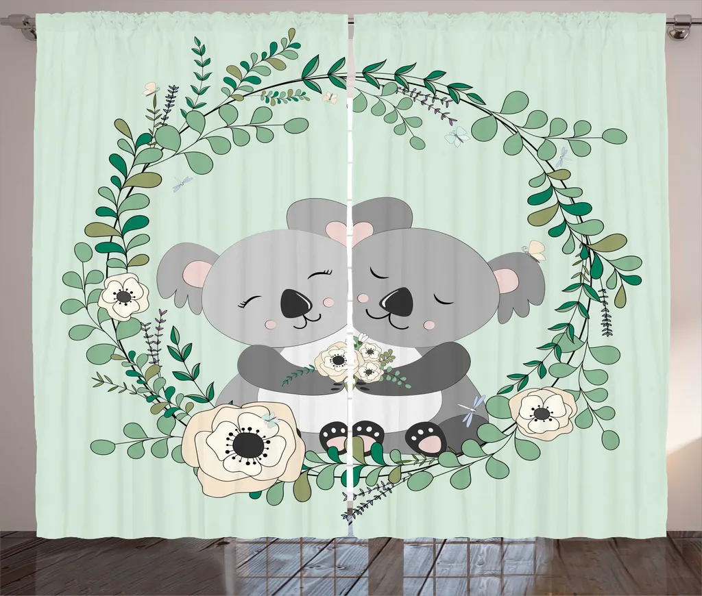 Rideau Koala vert menthe 280x225cm, textile décoratif fleurs et boucles