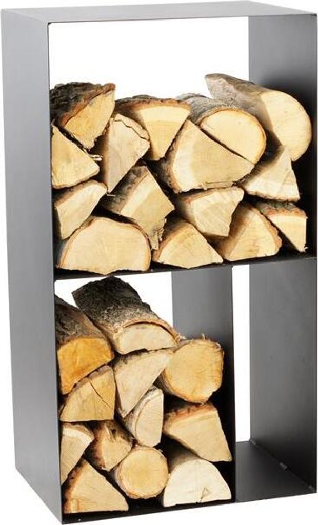 A metal firewood rack filled with logs, shown against a white background.