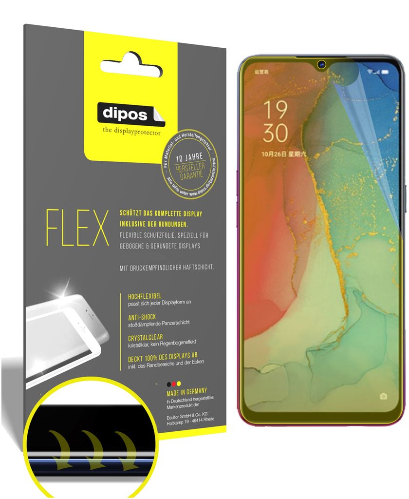 2x Schutzfolie für Oppo Reno3 Folie, 100% Displayabdeckung, dipos Flex