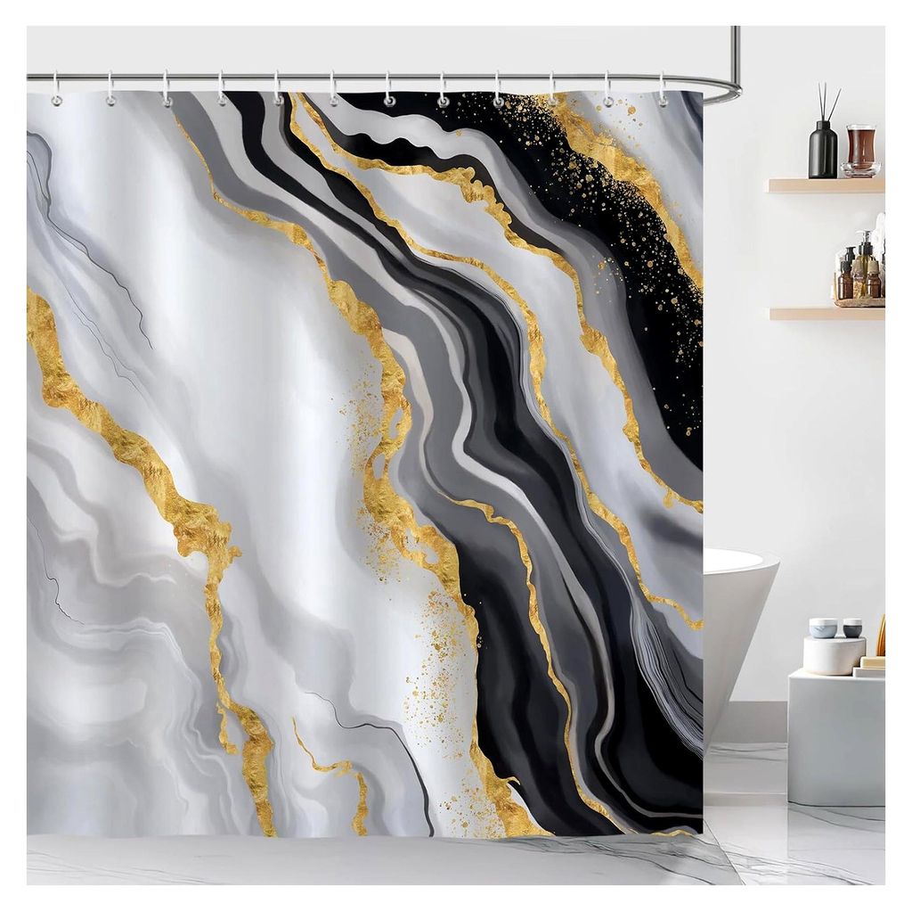 Duschvorhang 183 x 183 cm Marmor Schwarz, Schwarz Grau Gold Abstrakt Modern