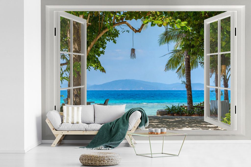 MuchoWow Fototapete für Wohnzimmer oder Schlafzimmer Wandtapete Vinyl Motivtapete Aussicht - Baum - Meer - Palme - Hügel - Strand - Blau - 330x...