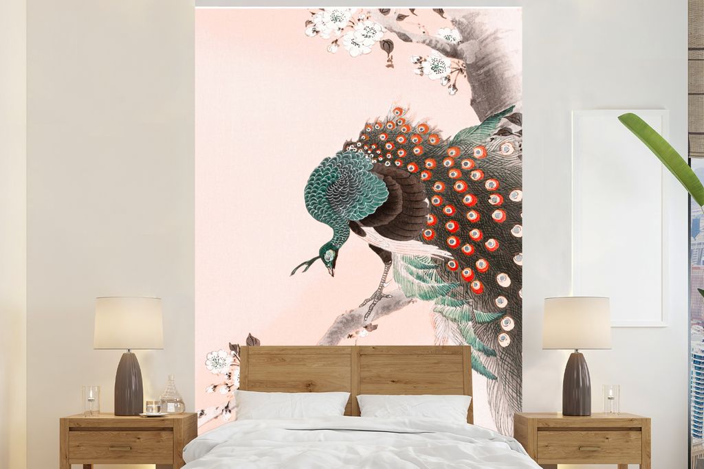 MuchoWow Fototapete für Wohnzimmer oder Schlafzimmer Wandtapete Vinyl Motivtapete Pfau - Baum - Blumen - Japanisch - Skandinavisch - 160x240 cm ...