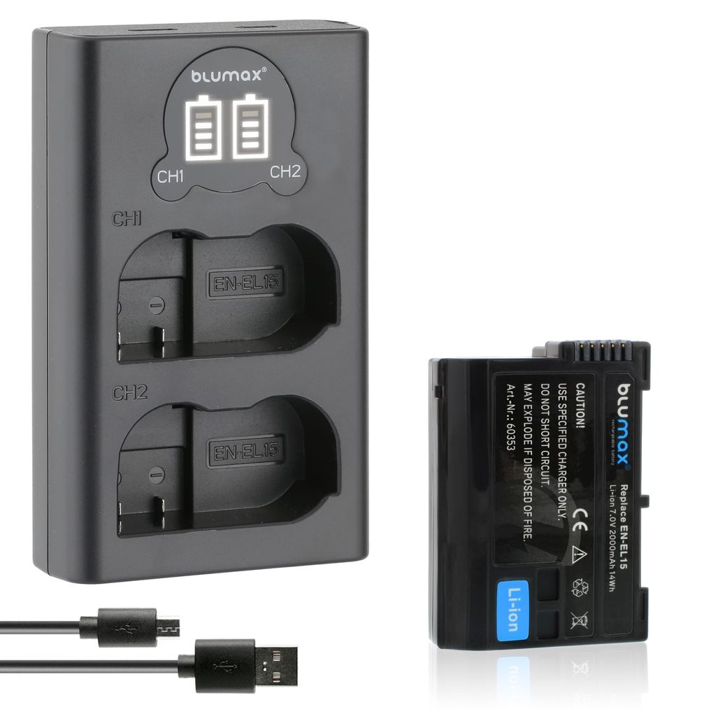 1x Akku + LCD Lader für Nikon EL-EL15 A/B/C Z5 Z6 Z7 II D7500 2000 mAh (7,0V)