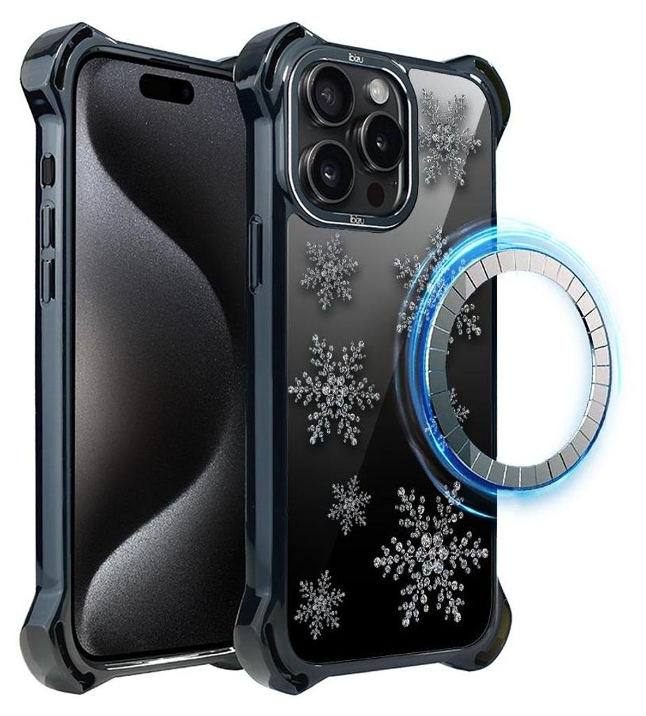 Schutzhülle für das iPhone 15 Pro Max, MagSafe-kompatibel, verstärkte Ecken, schwarz, Schneeflocken