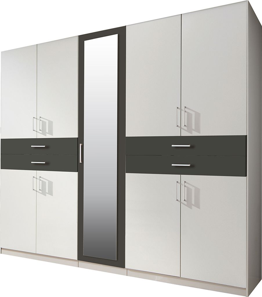 Kleiderschrank mit Spiegel, 225 cm breit modern in weiß mit graphit TREVISO-43
