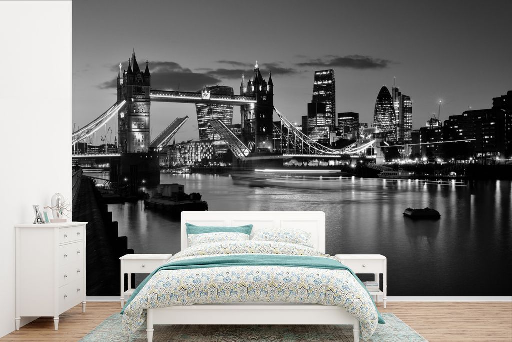 MuchoWow Fototapete für Wohnzimmer oder Schlafzimmer Wandtapete Vinyl Motivtapete Tower Bridge in London - schwarz und weiß - 390x260 cm - Papi...