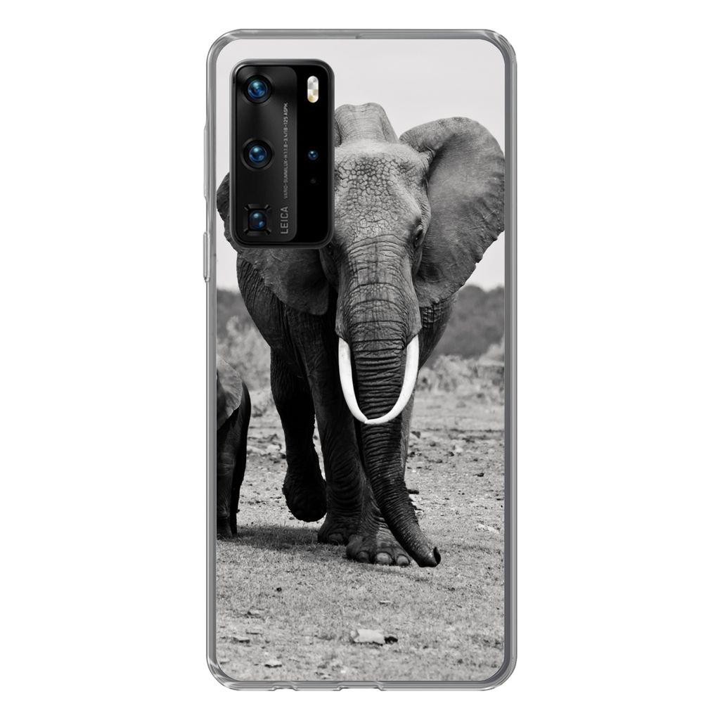 MuchoWow Handyhülle Schutzhülle Hülle für Huawei P40 Pro Elefant - Kind - Schwarz - Weiß Silikon Softcase Handy Hülle - Schutz