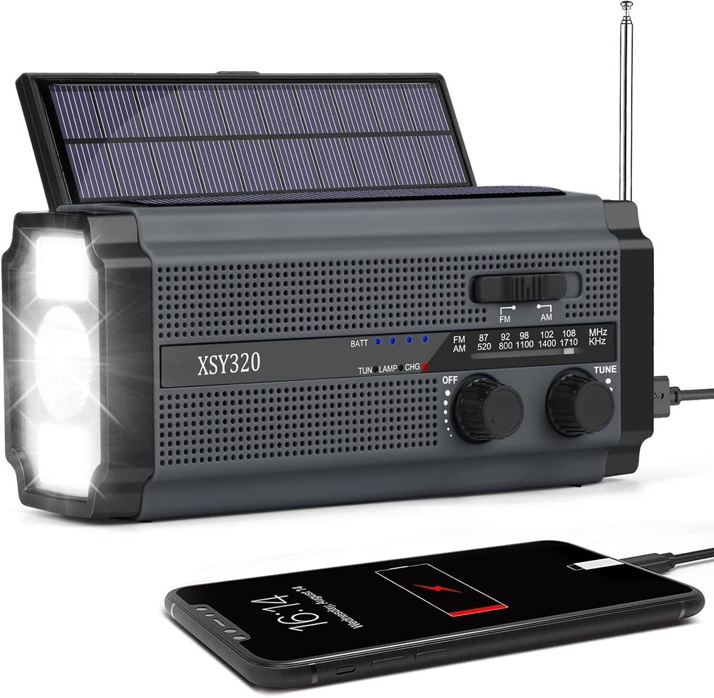 Solar Radio, Tragbar Kurbelradio Dynamo Radio mit AM/FM, Eingebaute 5000mAh Wiederaufladbare, 3 Modi LED Taschenlampe,SOS-Alarm für Notfall Ourdoor