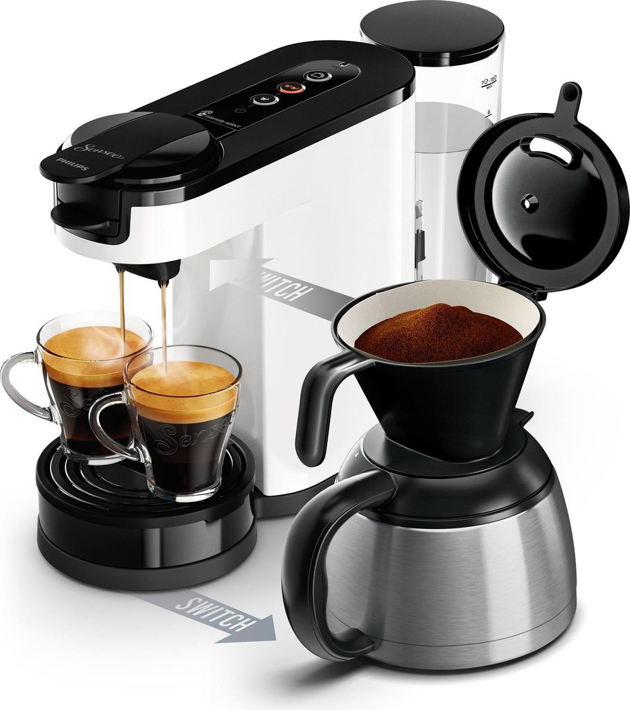 Philips Senseo Switch 2-in-1 Pad und Filter Kaffeemaschine mit Thermo Kanne + Intensitätsregler, Weiß (HD6592/04)