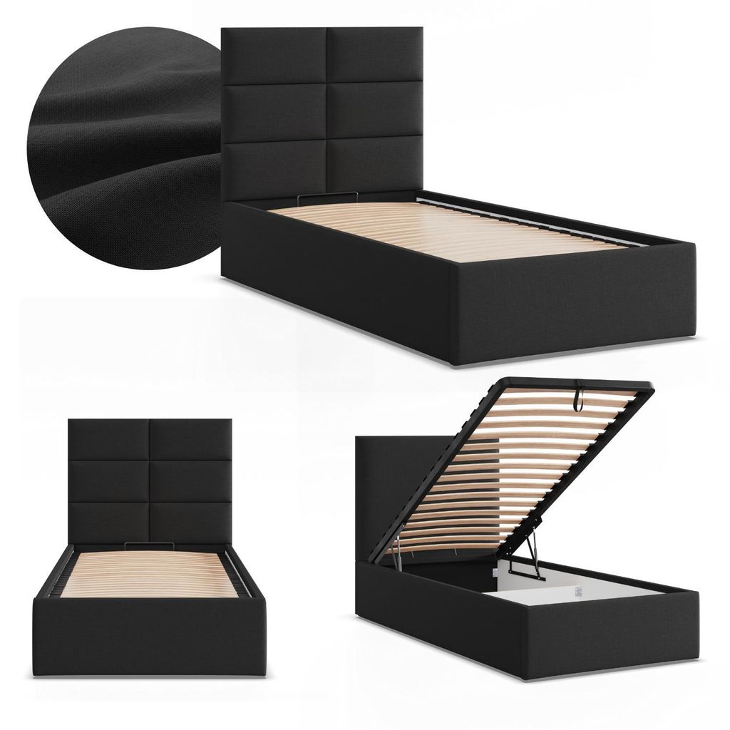 Polsterbett YORK 90x200 mit Bettkasten und hochklappbarem Metall-Lattenrost Schwarz Geflecht