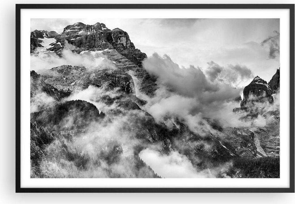 Gerahmtes Poster - Schwarzer Rahmen - Berge Nebel Gipfel - 91,5x61 cm - Wand Bild - Wanddeko - Wandbilder - Kunstposter - Wandposter - Bilderrahmen...