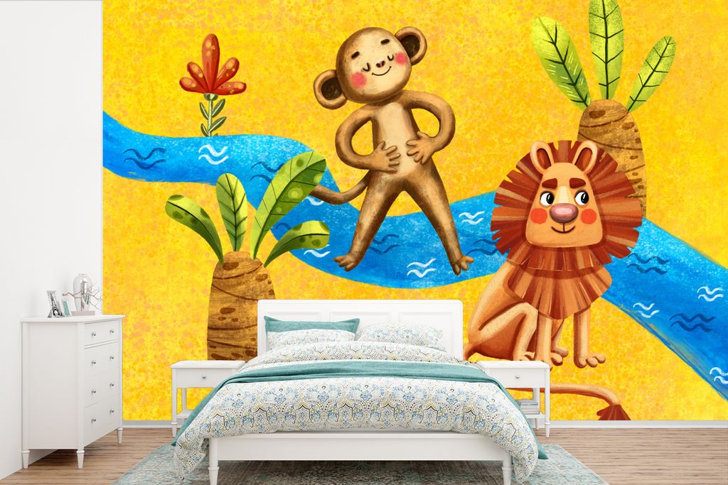 MuchoWow Fototapete für Wohnzimmer oder Schlafzimmer Wandtapete Vinyl Motivtapete Affe - Löwe - Dschungel - Wasser - 390x260 cm - Papiertapete