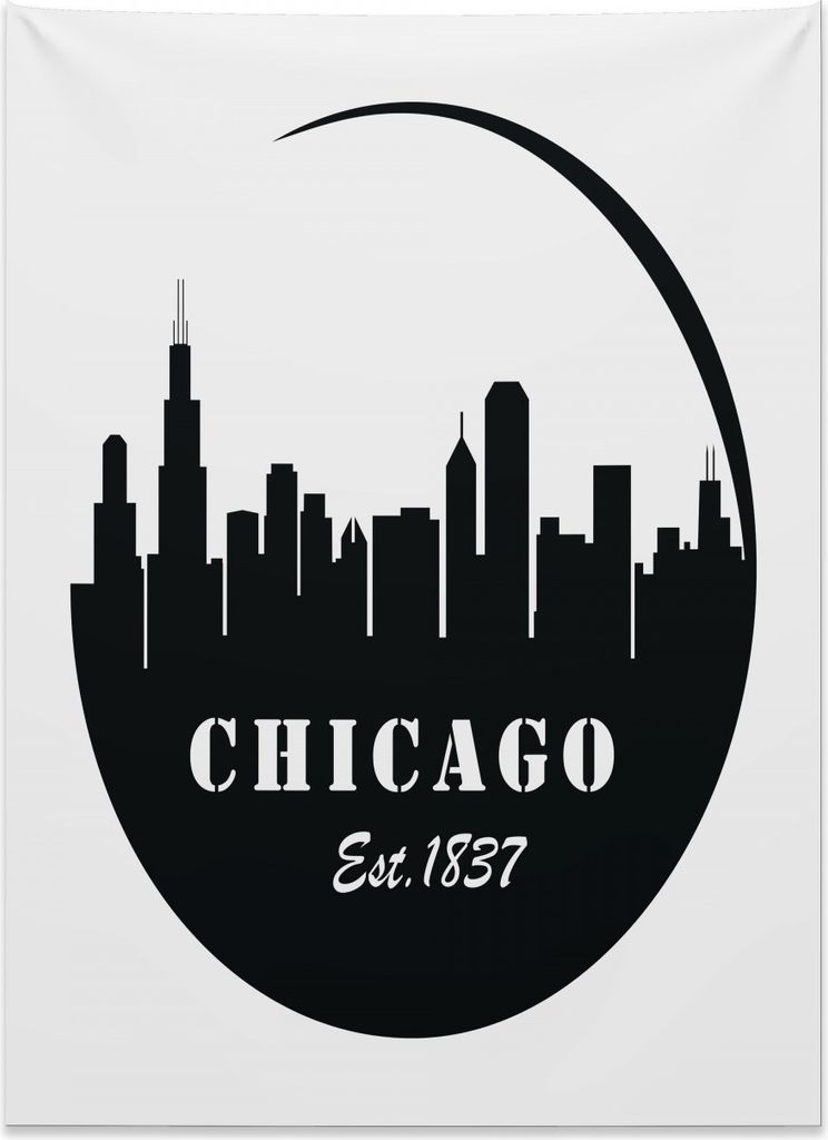 Abakuhaus Chicago Skyline Wandteppich, Schwarzes Panorama aus Weiches Mikrofaser Stoff Kein Verblassen Klare Farben Waschbar, 110 x 150 cm, Weiß u...