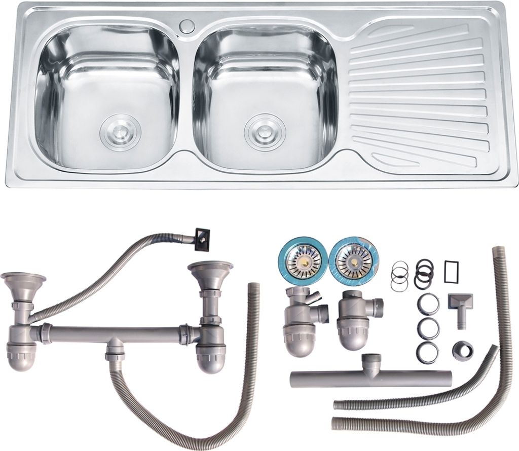 A stainless steel double sink with drainer and plumbing accessories, presented on a white background.