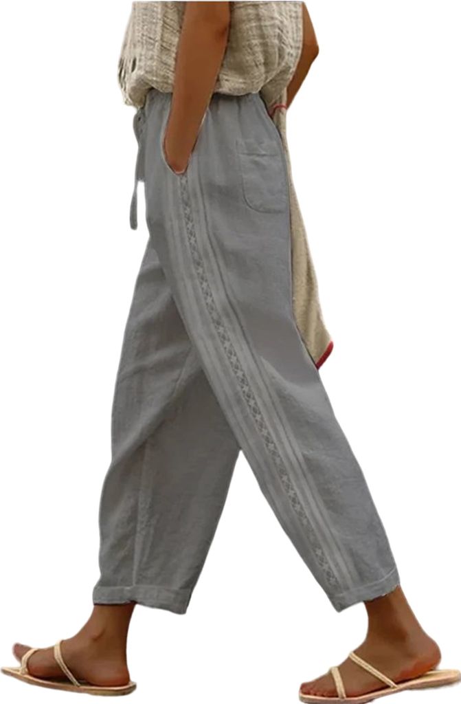 ASKSA Damen Leinenhosen 7/8 Sommer Leicht Leinen Baggy Hosen Freizeithose mit Taschen, Grau, Groesse: 3XL