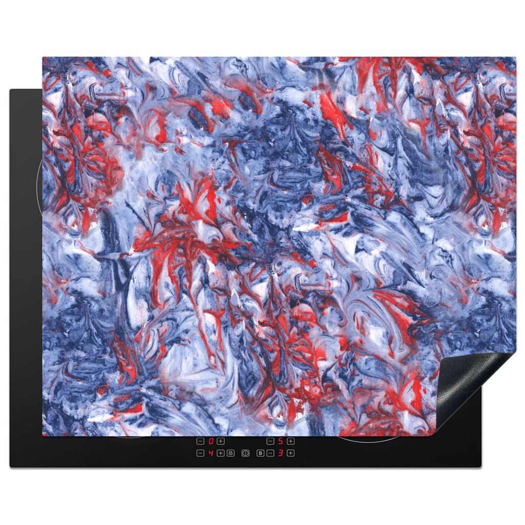 KitchenYeah Herdabdeckplatte Blau - Rot - Marmor - Muster , 65x52cm, Küche Deko, Glaskeramikkochfeld Herdabdeckung, Abdeckplatte fùr Kochfeld