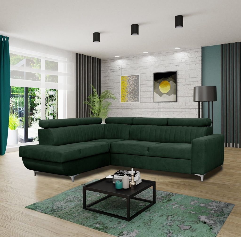 Ecksofa BEST links grün Monolith 37 mit Schlaffunktion und Bettkasten Sofa mit Verstellbare Kopfstützen