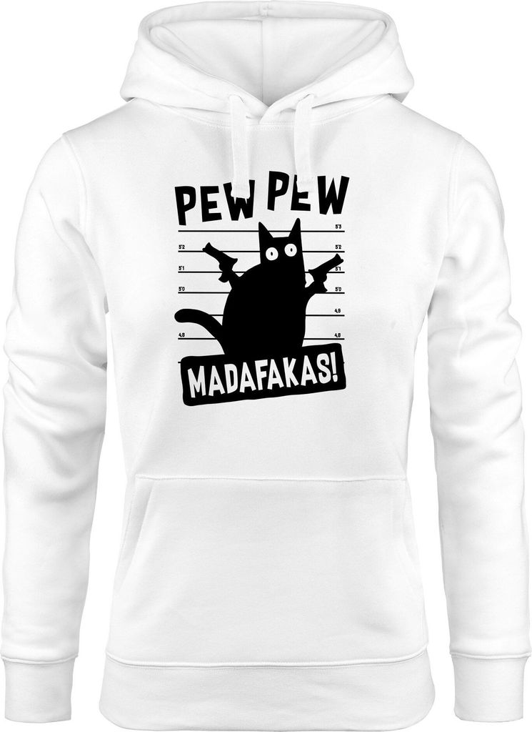 Kapuzen-Pullover Damen Pew Pew Madafaka Katze Cat Most Wanted Meme Spruch Trend Hoodie Moonworks weiß S