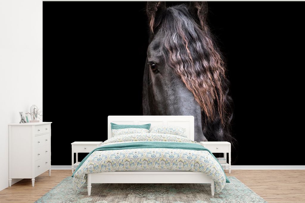 MuchoWow Fototapete für Wohnzimmer oder Schlafzimmer Wandtapete Vinyl Motivtapete Pferde - Friesisch - Mähne - Schwarz - Tiere - 400x300 cm - P...