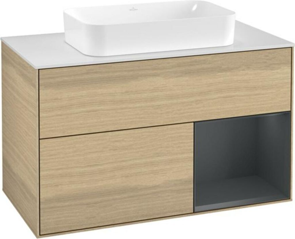 V&B Waschtischunterschrank Abdeckplatte wh. m Finion 100x60,3cm, Reg re md bl. m Lac, Oa ven