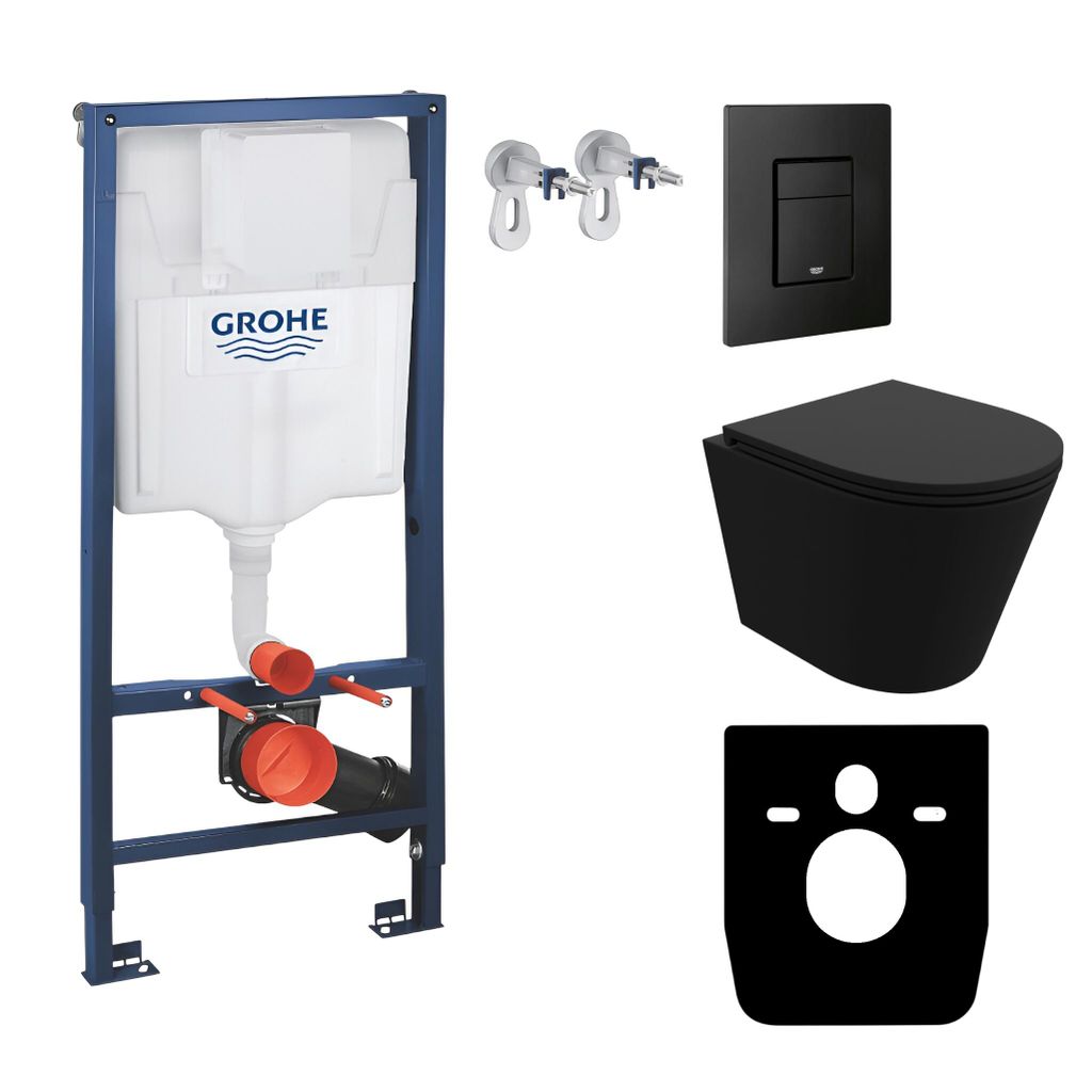 GROHE Vorwandelement Solido + Wand Hänge WC Galve Schwarz Spülrandlos + WC-Sitz SoftClose | Schwarzer Knopf | Komplettset | Unterputz Spülkasten...