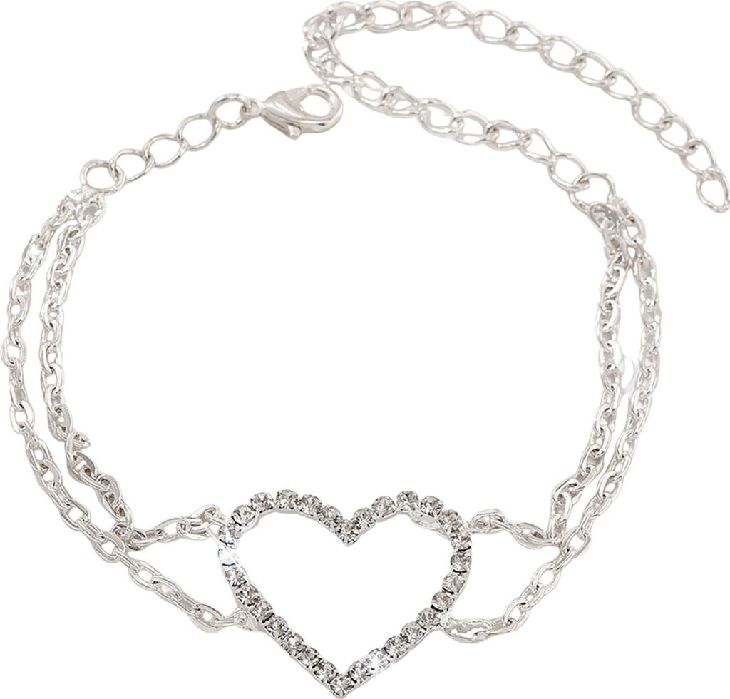Fußkettchen für Damen, ausgehöhltes Herz, doppellagiges Strass-Dekor, verstellbare Länge, poliert, Damen-Fußkettchen, Fußkettchen, Geburtstag...