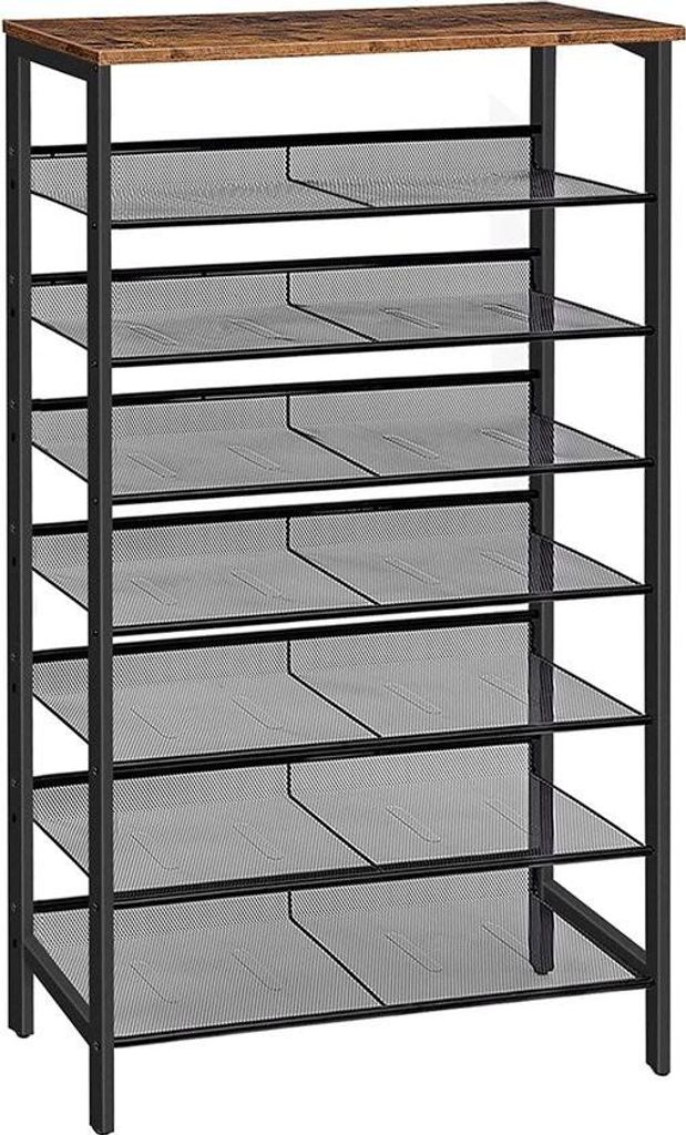 Großes Schuhregal - Hoher Schuhschrank - 8-stöckiges Schuhregal - Kippbare Gitterböden - Metall/Holz - für 24-32 Paar Schuhe - Industrial - Bra...