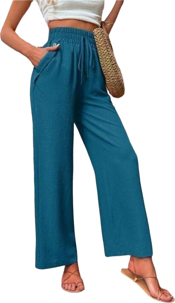 ASKSA Damen Hose Hohe Taille Weitem Bein Einfarbig Freizeithose Tunnelzug Leicht Sommerhose Mit Taschen (Blau,S)
