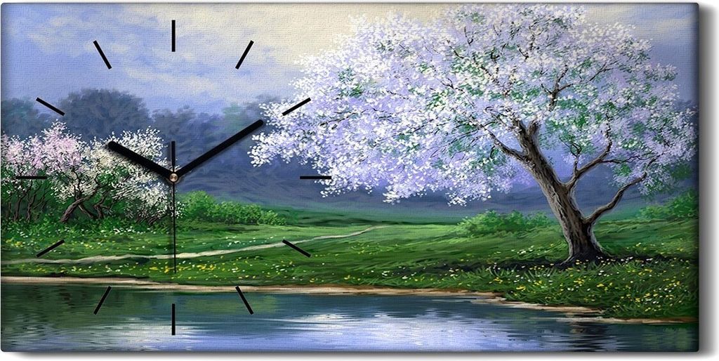 Küchenuhr Bürouhr Leinwand Uhr 60x30 Gemälde See Bäume Blumen Landschaft Natur - schwarze Hände