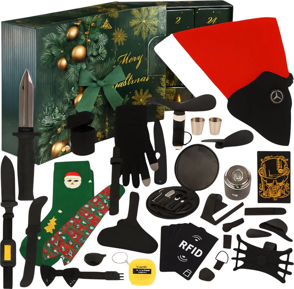 An advent calendar for men with various items spread out in front of it.