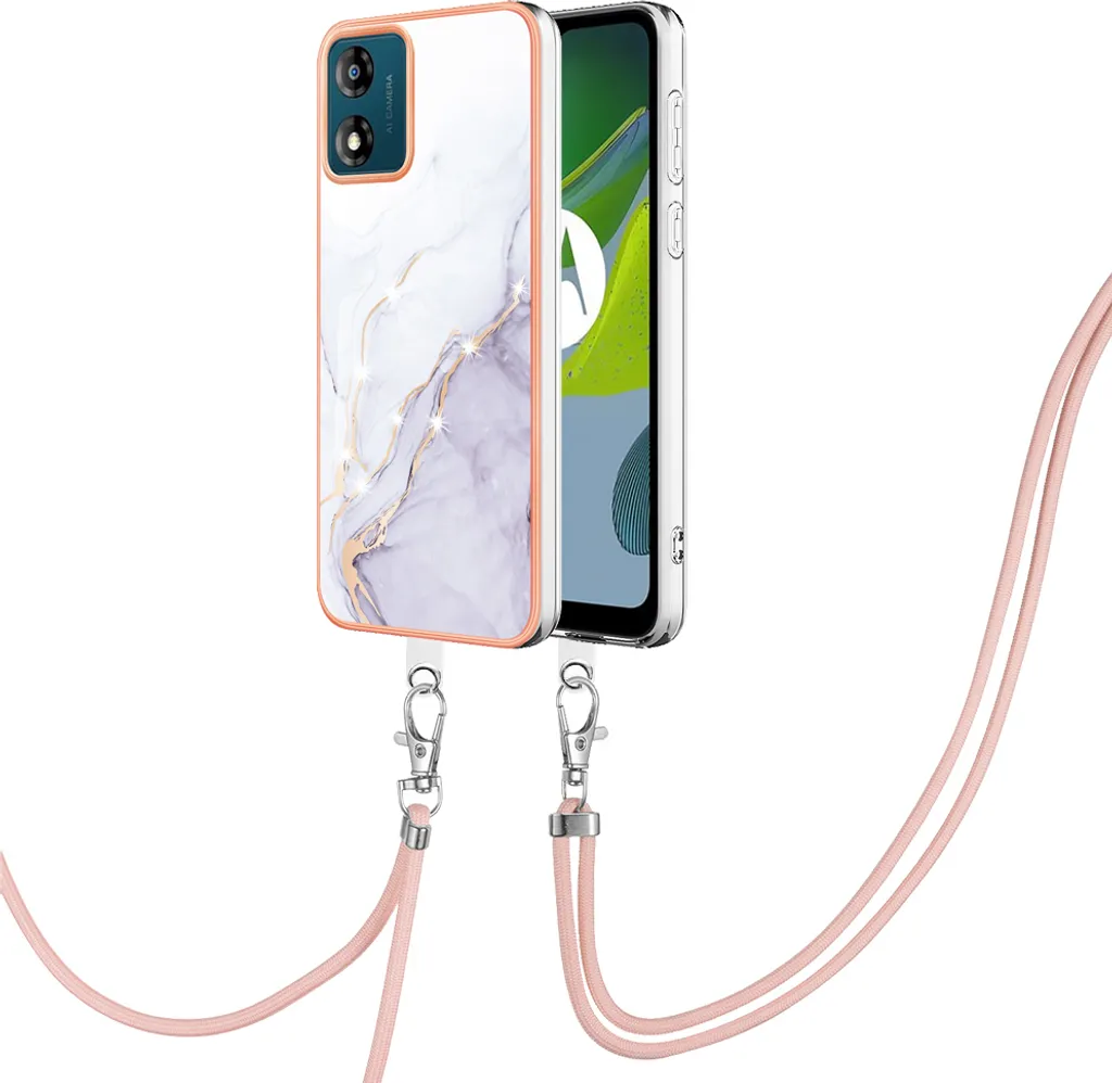 Custodia con cinturino per Motorola Moto E13, paraurti in TPU morbido, custodia protettiva, con cinturino regolabile Bianco
