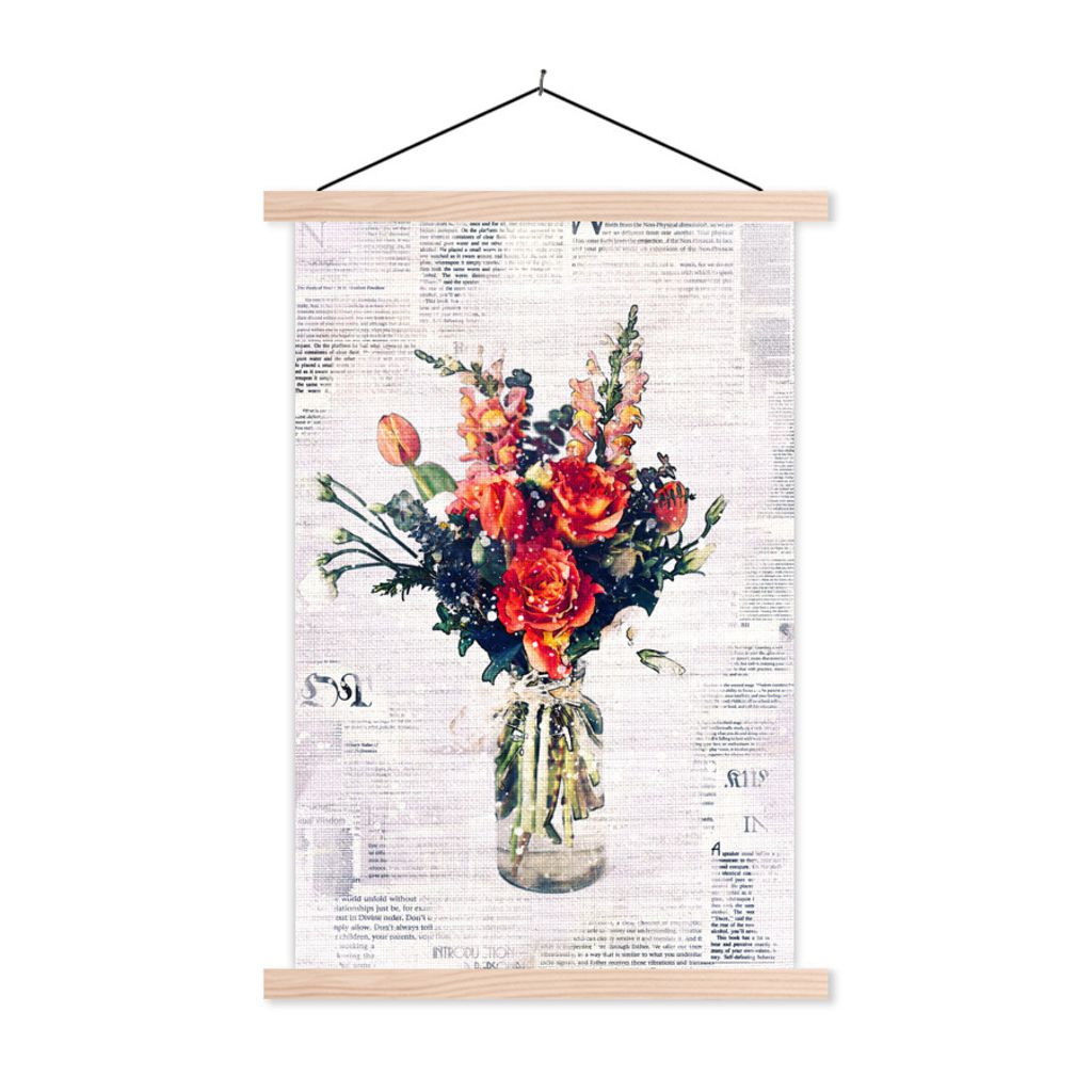 MuchoWow Textilposter Blumen - Zeitungen - Farben 40x60 cm mit holzfarbenen Rahmen - Poster